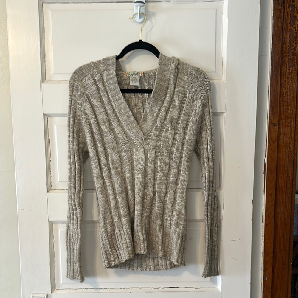 Tan V-Neck Textured Knit Sweater
